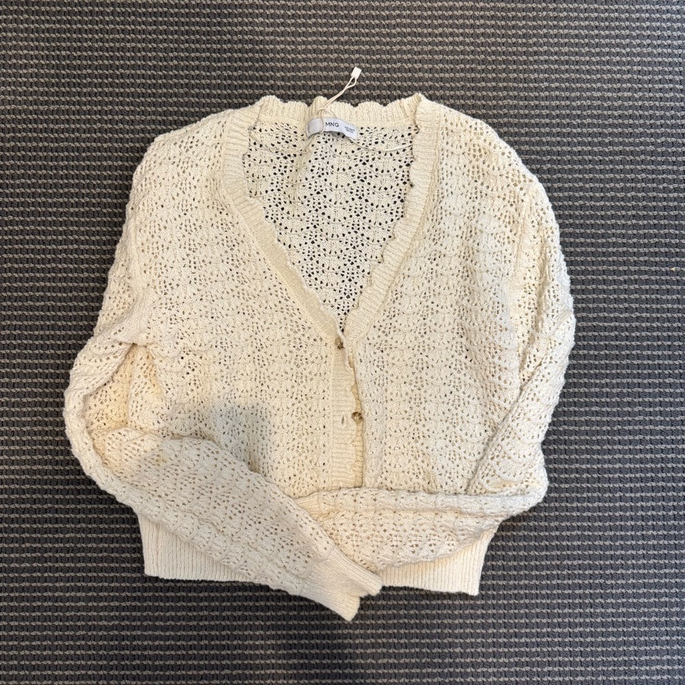 Mango Cream Open-Knit V-Neck Cardigan